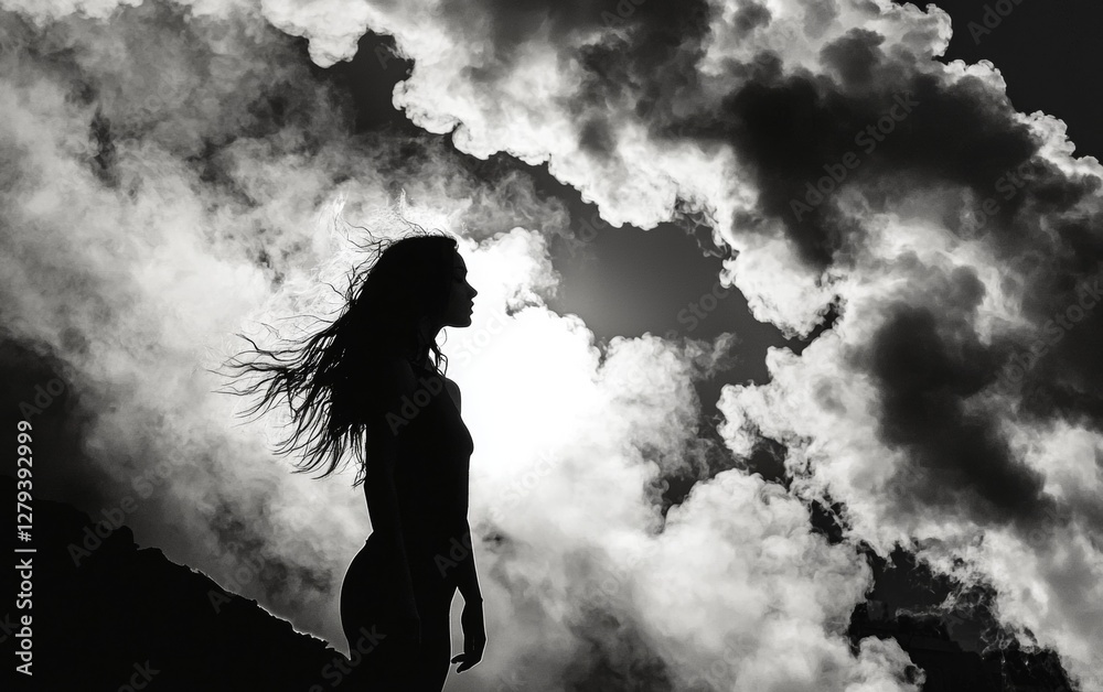 Silhouette of a woman against a dramatic cloud backdrop during twilight in a mountainous area Silhouette of a woman against a dramatic cloud backdrop during twilight in a mountainous area