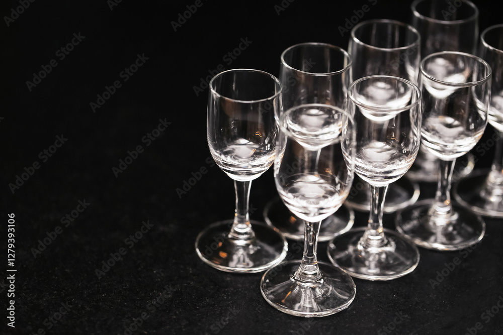 Crystal vodka glasses on a black bar counter. Elegant glassware for alcohol. Empty shot glasses ready for a celebration. Classic bar setting. Dark alcohol background. Premium nightlife drinking. Crystal vodka glasses on a black bar counter. Elegant glassware for alcohol. Empty shot glasses ready for a celebration. Classic bar setting. Dark alcohol background. Premium nightlife drinking.