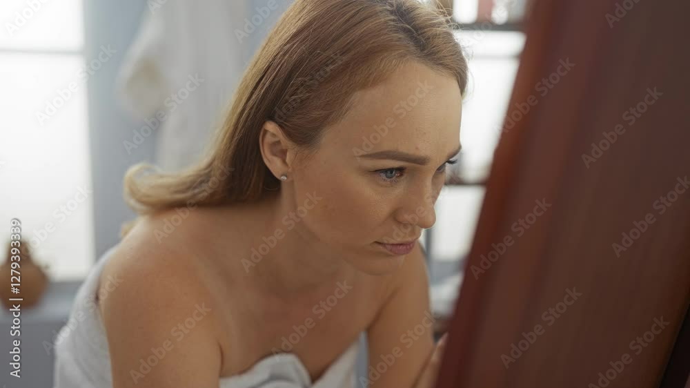 Woman in towel focusing intently while leaning over a wooden vanity in a serene spa room, showcasing relaxation and beauty. Woman in towel focusing intently while leaning over a wooden vanity in a serene spa room, showcasing relaxation and beauty.