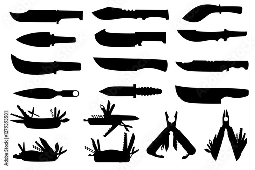 Black knives silhouettes. Survival knife multitools different shapes. Tourism, camp on wild nature, hiking or hunting equipment icons, nowaday vector set