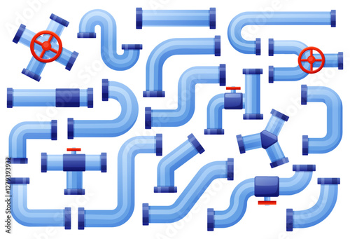 Cartoon metal industrial pipes. Conduit elements with valves, connections and wheels. Industry system for gas fuel oil water, nowaday vector set