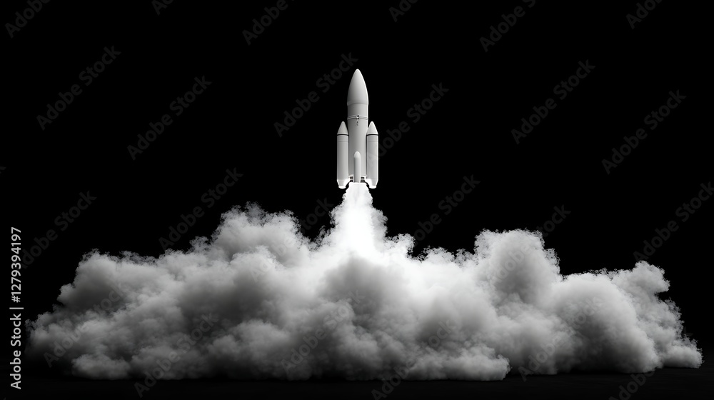 Naklejka premium Rocket Launching into Space at Night, A rocket launching into space with smoke and flames, set against a dark sky