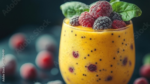 Frozen raspberry smoothie in glass, dark background, fresh berries photo