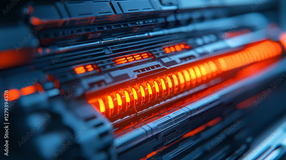 A close-up view of futuristic technology featuring glowing orange lights and intricate black machinery, evoking a sci-fi atmosphere. A close-up view of futuristic technology featuring glowing orange lights and intricate black machinery, evoking a sci-fi atmosphere.
