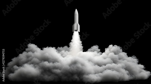 Rocket Launching into Space at Night, A rocket launching into space with smoke and flames, set against a dark sky