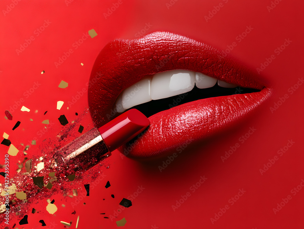 Obraz premium Close-Up of Red Lips with Glitter and Lipstick on Vibrant Background