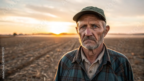 Environmental Impact Climate Change Concpet Elderly farmer stands in a field at sunset, showcasing resilience and connection to the land.