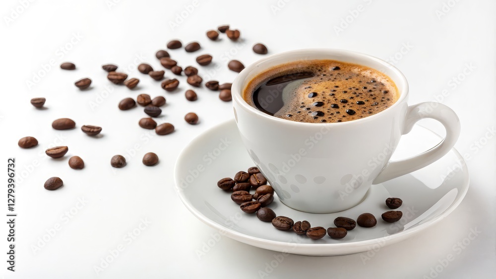 Aromatic Espresso in White Cup with Coffee Beans, High-Angle Close-Up, Coffee Concept Coffee Beans, Espresso Aromatic Espresso in White Cup with Coffee Beans, High-Angle Close-Up, Coffee Concept Coffee Beans, Espresso