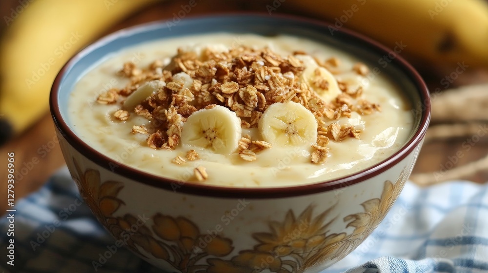 Creamy Banana Yogurt with Crunchy Oats in a Colorful Bowl Creamy Banana Yogurt with Crunchy Oats in a Colorful Bowl