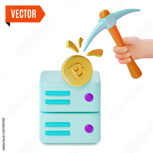 3d Crypto Currency Mining Concept Human Hand with Pickaxe Cartoon Design Style. Vector illustration of Cryptocurrency Finance Technology