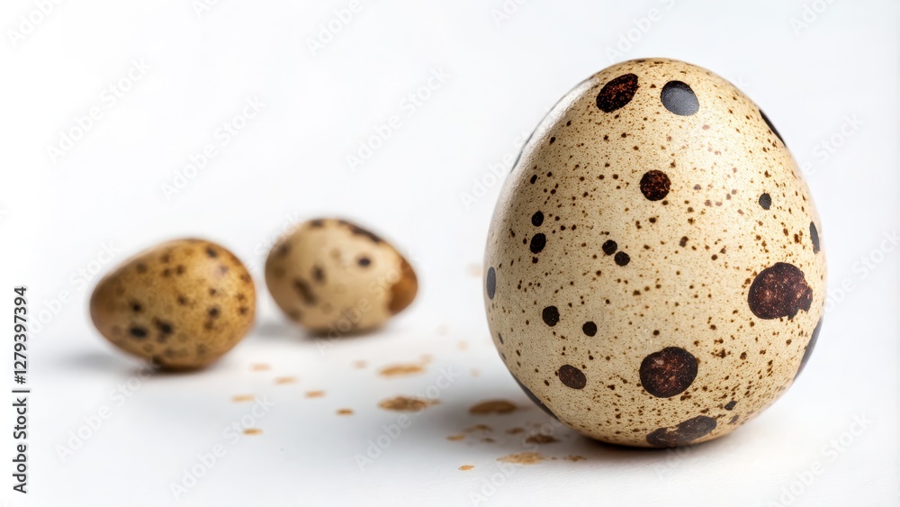 Obraz premium Close-up of Three Quail Eggs, Shallow Depth of Field, Speckled Shell, White Background, Macro Photography Quail eggs, macro photography