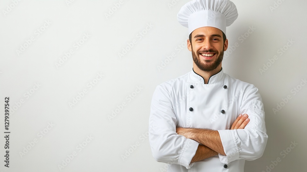 Confident male chef in a pristine white uniform stands with arms crossed, exuding professionalism and culinary expertise in a kitchen setting. Confident male chef in a pristine white uniform stands with arms crossed, exuding professionalism and culinary expertise in a kitchen setting.
