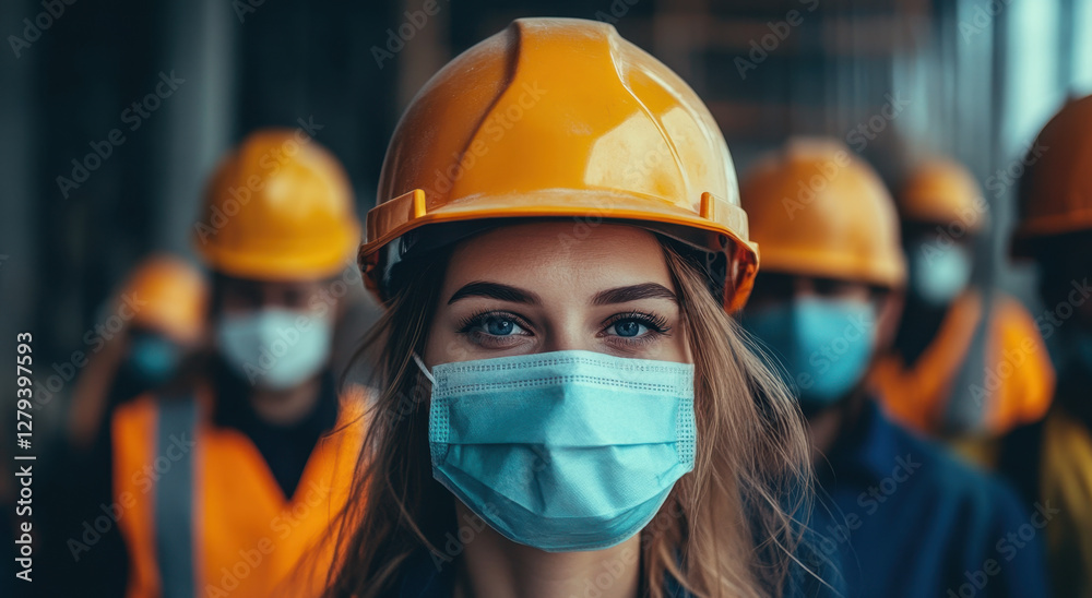 Group of workers, wearing face masks and hard hats, collaborate at a construction site while emphasizing safety protocols Group of workers, wearing face masks and hard hats, collaborate at a construction site while emphasizing safety protocols