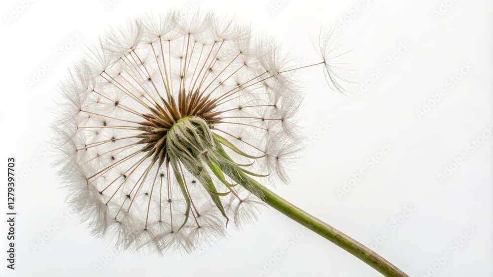 Fototapeta premium Dandelion Seed Head Close-up Composition, White Background, Nature Photography, Dandelion Clock Dandelion, Seeds