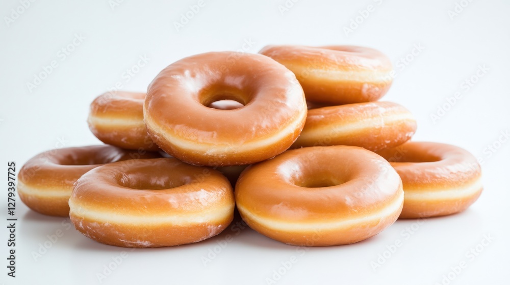 A stack of freshly glazed donuts arranged on a white surface, perfect for dessert displays A stack of freshly glazed donuts arranged on a white surface, perfect for dessert displays