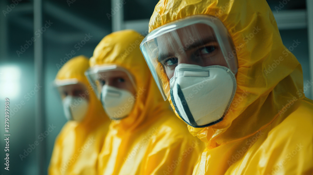 Workers in bright yellow protective suits and masks focus on safety protocols in a controlled facility, highlighting teamwork and caution Workers in bright yellow protective suits and masks focus on safety protocols in a controlled facility, highlighting teamwork and caution