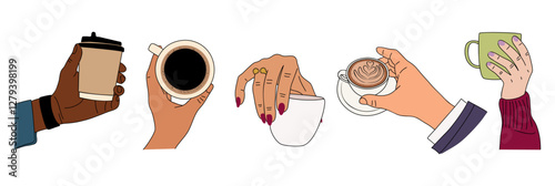 Set of different hands holding cups with coffee and tea, take away paper cups, porcelain cups, mugs. Collection of Hand drawn colored vector illustrations isolated