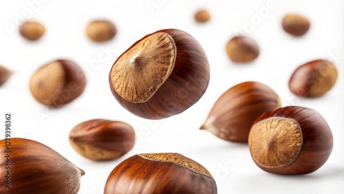 Wallpaper Mural Floating Chestnuts Close-up Macro Photography of Brown Nuts, White Background, Food Photography, Autumnal Theme Chestnut, Nuts Torontodigital.ca
