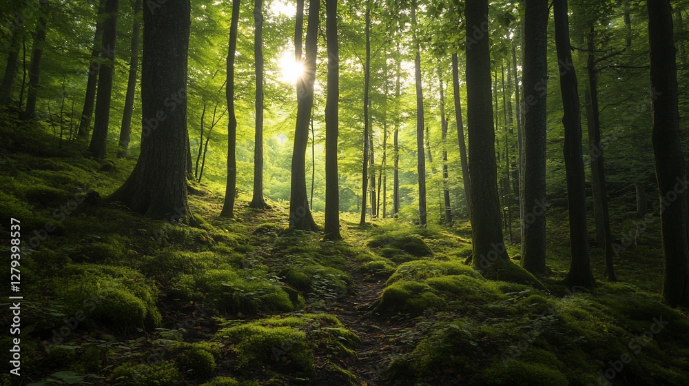 Obraz premium Sunlit forest path with moss.