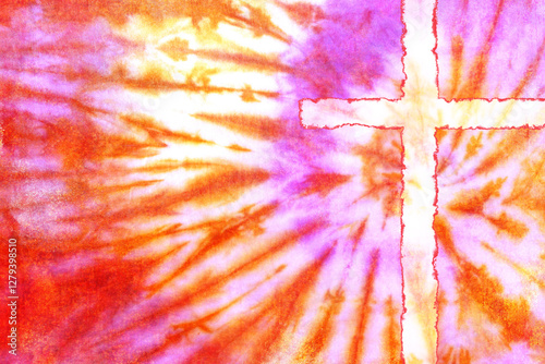 orange, red, purple spiral tie dye with cross