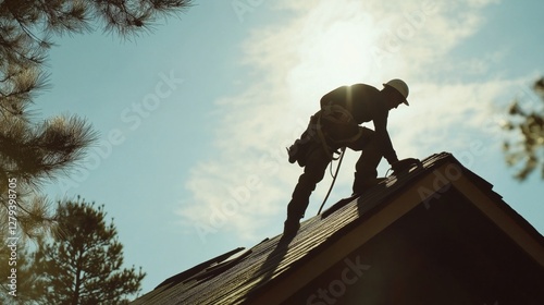 A skilled worker is repairing a roof while silhouetted against the sun in a peaceful residential area surrounded by trees