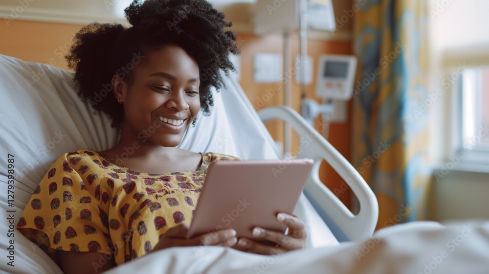 A woman smiles while using a tablet in her hospital bed, engaged in activities during her stay, creating a sense of comfort and connection