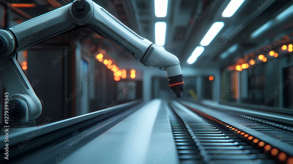 Fototapeta premium A robotic arm is positioned over a conveyor belt in a futuristic industrial setting with ambient lighting.