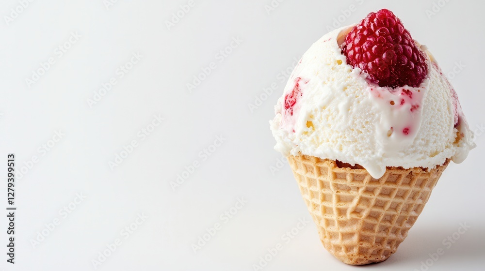 A delectable waffle cone topped with a vibrant raspberry, showcasing a delightful combination of textures and colors. A delectable waffle cone topped with a vibrant raspberry, showcasing a delightful combination of textures and colors.