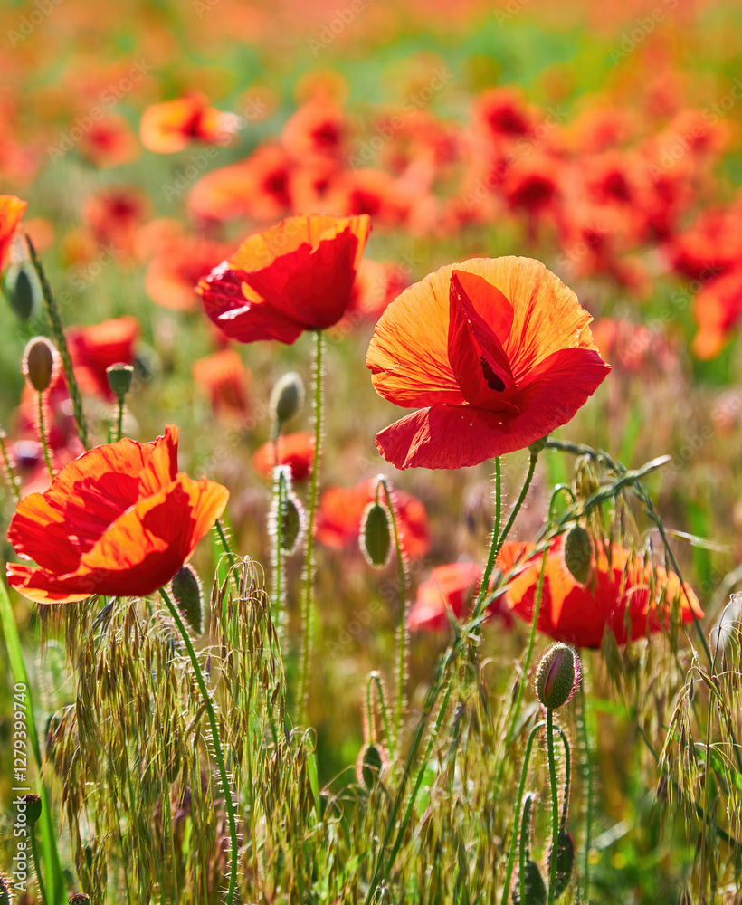 Obraz premium Sunlit Field of Red Poppies