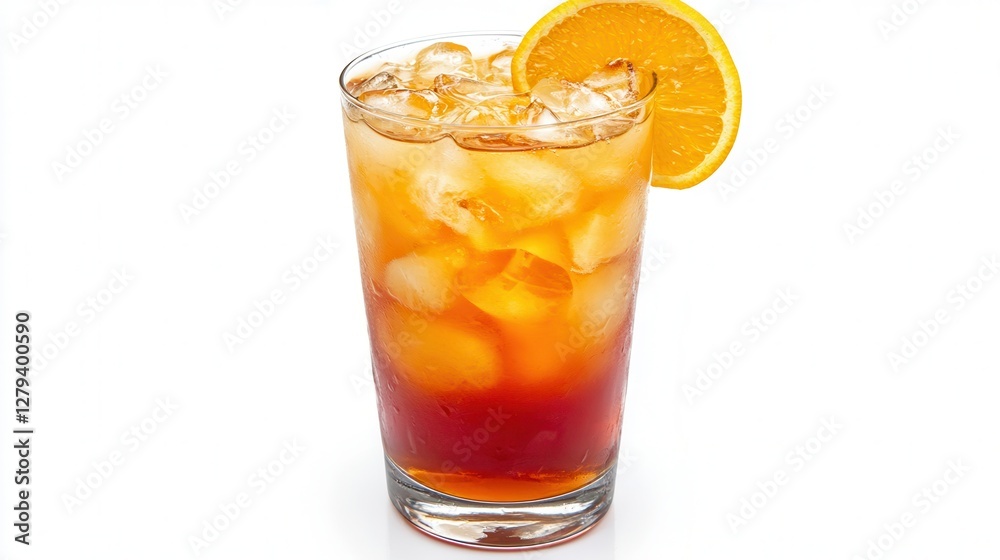A refreshing glass of orange juice filled with ice, garnished with a vibrant slice of orange, perfect for a sunny day. A refreshing glass of orange juice filled with ice, garnished with a vibrant slice of orange, perfect for a sunny day.