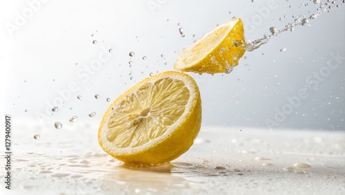 Two Lemon Halves Splashing in Water Dynamic Composition, Vibrant Citrus, Refreshing Concept lemon photography, citrus splash