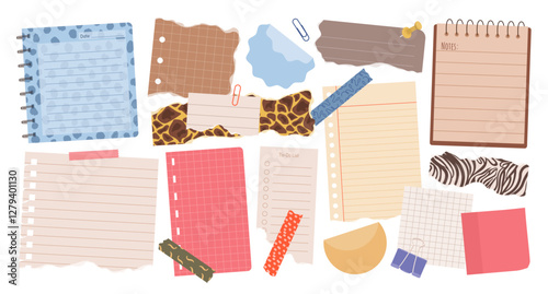 Set of various torn paper notes, stickers, to do list, notebook, duct tapes, paper clips. Isolated flat sticky elements, planners, reminders for mood boards, scrapbooking or collages. Vector.