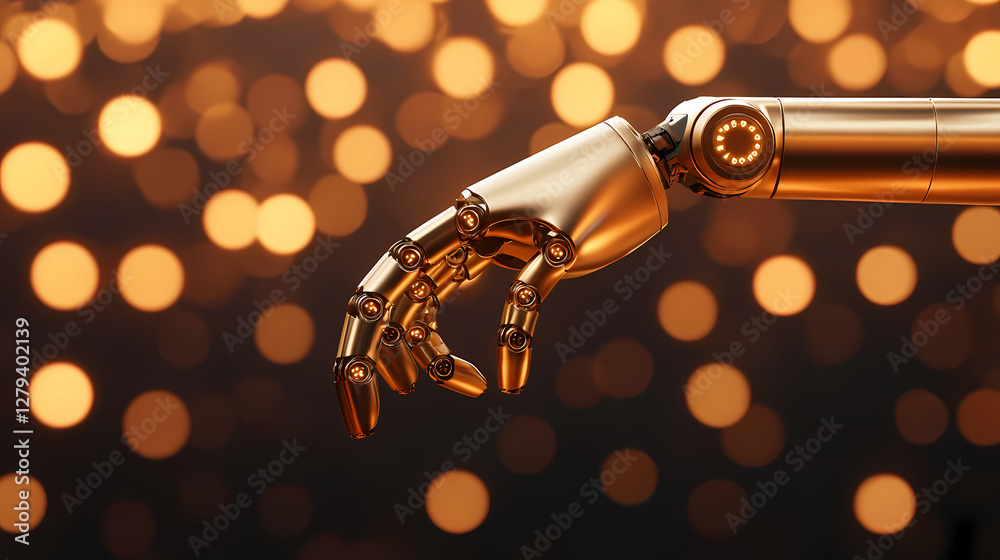 A metallic robotic hand reaches out against a backdrop of shimmering golden lights, symbolizing technology and innovation. A metallic robotic hand reaches out against a backdrop of shimmering golden lights, symbolizing technology and innovation.