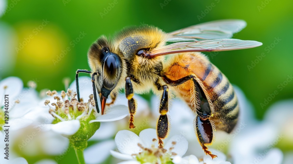 Close-up of a bee collecting nectar from a flower in a vibrant garden on a sunny day Close-up of a bee collecting nectar from a flower in a vibrant garden on a sunny day