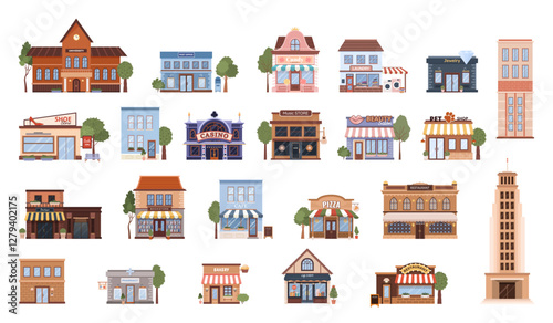 Various flat urban building icons set. Isolated municipal buildings, shops and restaurants. University, post office, casino, music store, jewelry, pharmacy on white background. Vector illustrations.