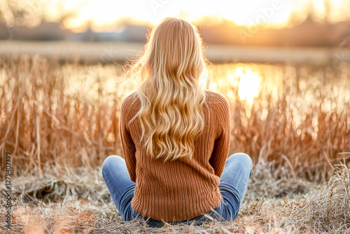 Photo of a young woman sitting on the shore near a lake at sunset, viewed from behind, wearing a brown sweater and jeans, with long blonde hair.