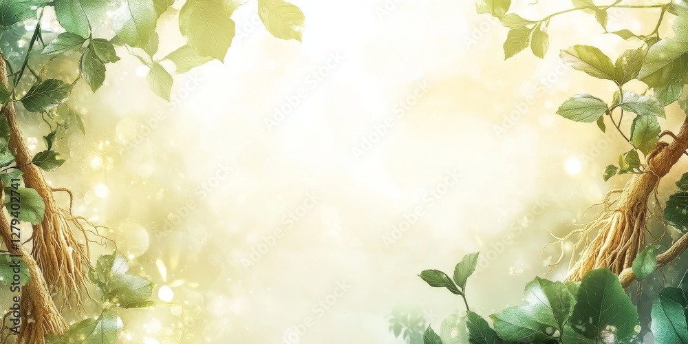 A light, gentle abstract background featuring soft green leaves and roots, creating a serene atmosphere with ample copy space A light, gentle abstract background featuring soft green leaves and roots, creating a serene atmosphere with ample copy space