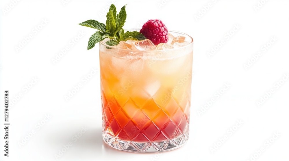 A refreshing drink served in a glass, elegantly garnished with a vibrant raspberry, showcasing a delightful combination of flavor and presentation. A refreshing drink served in a glass, elegantly garnished with a vibrant raspberry, showcasing a delightful combination of flavor and presentation.