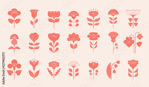 Geometric flowers collection, Nordic, Scandinavian style flowers illustrations. Red, blue modern flowers design