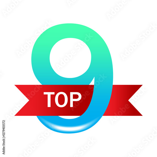 Green nine 9. Gradient numeric style. Red TOP banner. Crisp white backdrop.