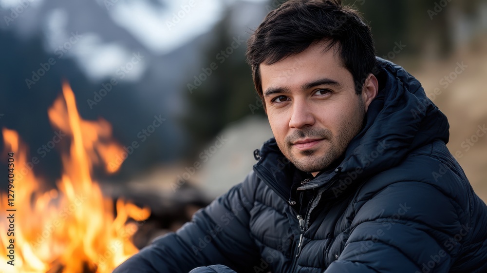 Young man sitting by campfire in a serene mountain landscape Young man sitting by campfire in a serene mountain landscape