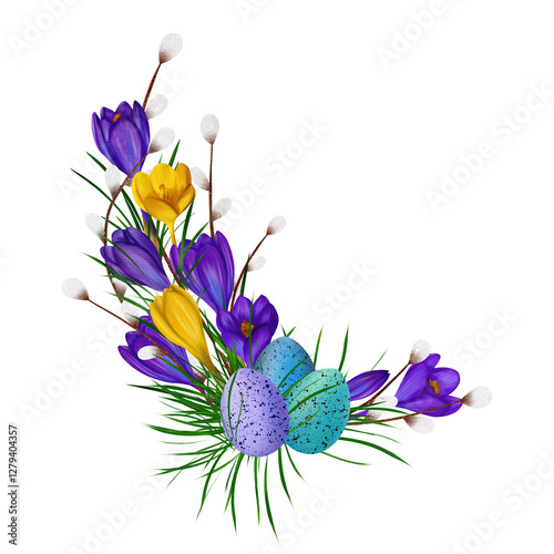 Easter composition with a violet and yellow crocuses, colourful eggs, willow vines. Watercolor digital illustration. For decoration textiles, wallpaper, wrapping paper, wrappers, covers photo