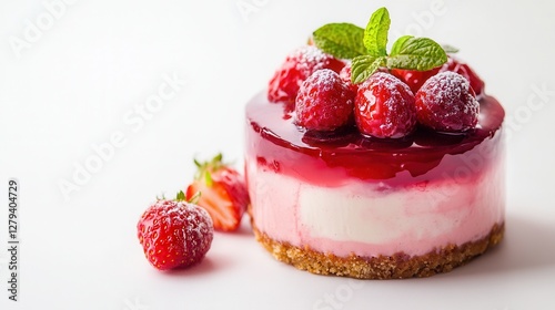 A delicious cake topped with assorted berries, featuring vibrant strawberries that enhance its appealing presentation.