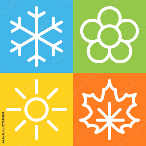 Snowflake, flower, sun and maple leaf line icons