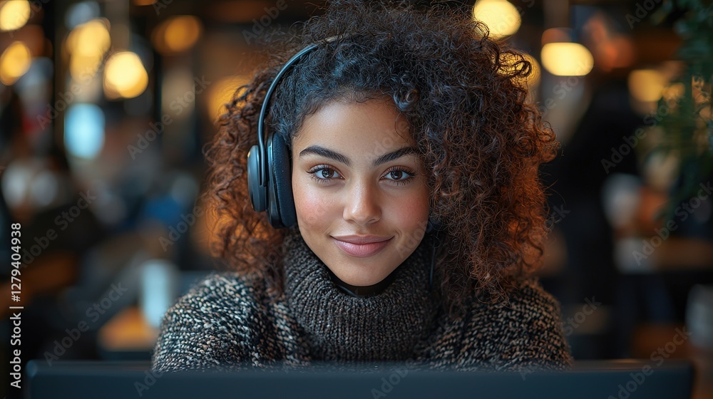 A beautiful woman is wearing headphones and smiling indoors at desk A beautiful woman is wearing headphones and smiling indoors at desk