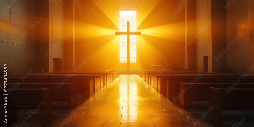 Naklejka premium Beautiful morning light streaming through stained glass in a serene church with a prominent cross at the altar