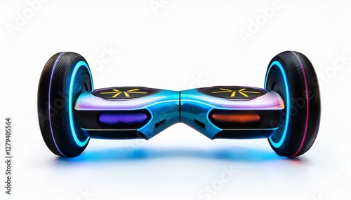 futuristic hoverboards with glowing designs neon colors isolated on white background photo