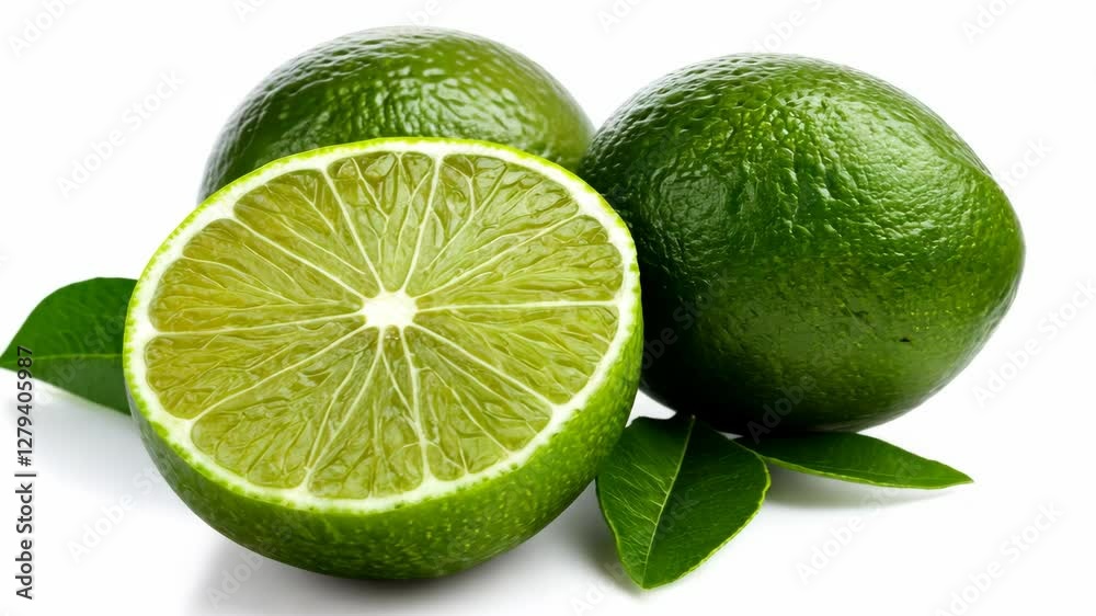 Fresh limes with vibrant green skin and a cut lime revealing juicy interior sit on a white background Fresh limes with vibrant green skin and a cut lime revealing juicy interior sit on a white background