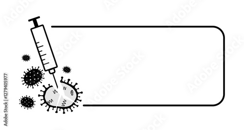 Vector illustration vaccinated concept with Influenza, flu, grippe viruses, coronavirus and syringe in frame, copy space on white background. Stop epidemic, pandemic. Flu vaccination, covid vaccine.  