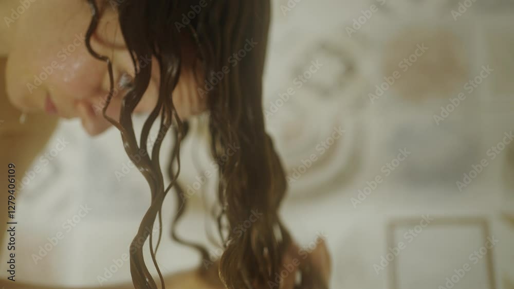 Young woman with long brown curly hair washing and massaging hair with shampoo, enjoying personal hair care routine in shower with relaxed, gentle movements